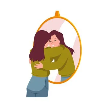 Girl hugging the reflection in mirror flat style, vector illustration Stock Illustration