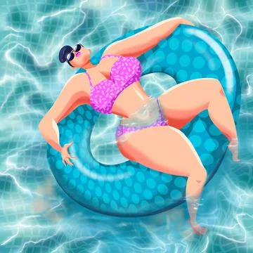 A girl on an inflatable ring in a bright bikini swims in the pool at the reso Stock Illustration