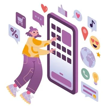 Girl interacting with smartphone screen application menu, cartoon style. On.. Stock Illustration