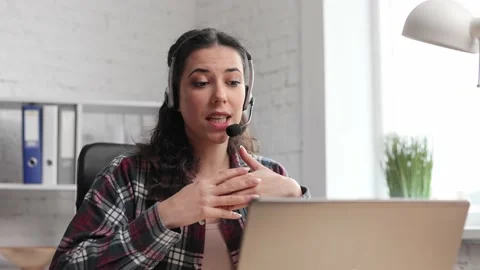 Girl internet teacher doing distant chat working. Close up portrait smilimg Stock-Footage 166364263