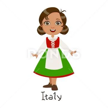 Girl In Italy Country National Clothes, Wearing Green Skirt And Apron Stock Illustration