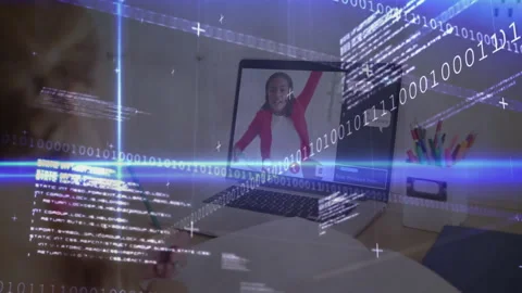 Girl joining online class taking notes on laptop, classmate on call raising hand Stock Footage 312415662