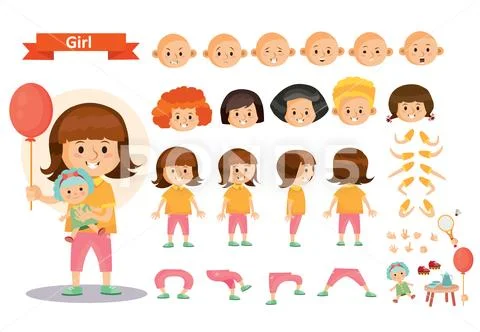 Girl kid playing games and toys cartoon child character constructor isolated Stock Illustration
