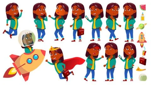 Girl Kid Poses Set Vector. Indian, Hindu. Asian. Primary School Child. Idea Ilustración de archivo
