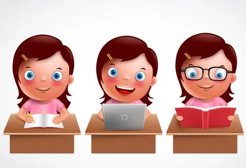Girl kid vector characters set. Female preschool student studying Stock Illustration