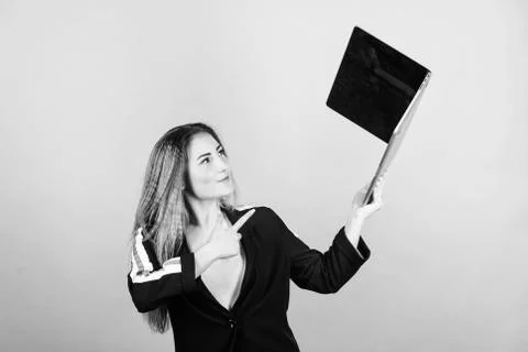 Girl with laptop computer. Software developer. Developer write code. Project 写真素材