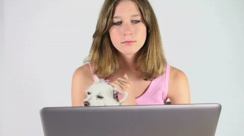 Girl Laptop Dog Stock Footage
