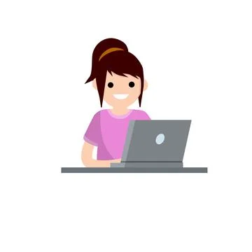 Girl with laptop. Work at computer. Flat cartoon Stock Illustration