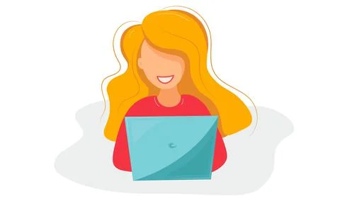 Girl with laptop. Work at the computer. Smiling happy blond woman. Illustrazione stock