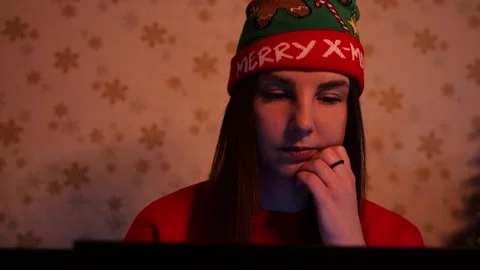Girl with laptop working on Christmas Stock Footage 257210053