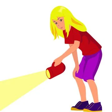 Girl with a large lantern illuminates the road.Vector, flat, white background Stock Illustration