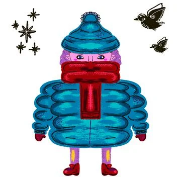 A girl in a large winter down jacket with a hat and scarf. Drawing in cartoon Stock Illustration