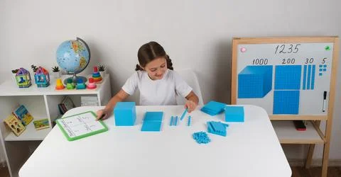 Girl Learning Math with blue Geometric Figures Stock Photos