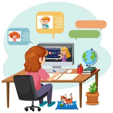 A girl learning online on computer Stock Illustration