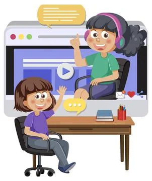 \\a girl learning online on computer Stock Illustration