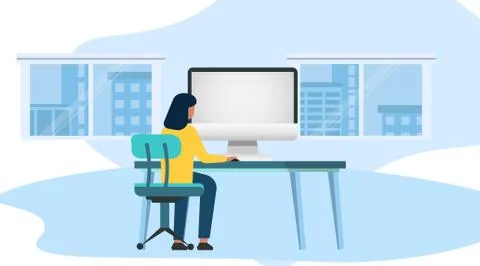Girl Learning Online Using Educational Website Indoors, Blue Background 스톡 일러스트