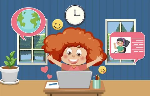 A girl learning online using laptop Stock Illustration