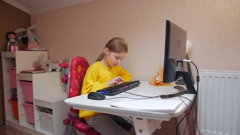 Girl Learning To Type On Keyboard Stock Footage 168401762