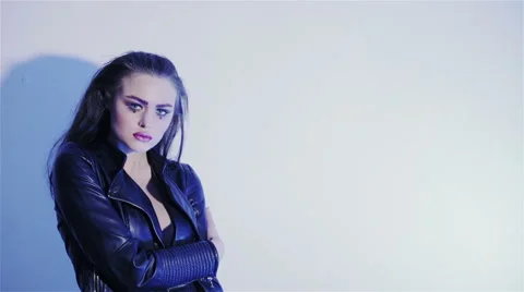 Girl in Leather Jacket 7c Stock Footage 58880187