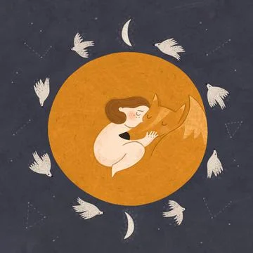 The girl lies in the arms of a fox among flying birds tenderness trust comfort Stock Illustration