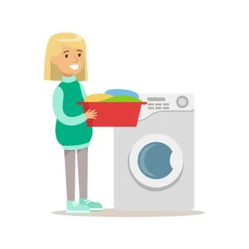 Girl Loading Washing Machine With Clothes Smiling Cartoon Kid Character Helping Stock Illustration