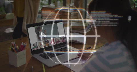Girl logging into class and learning by writing notes, watching rotating globe Stockbeeldmateriaal 312483416
