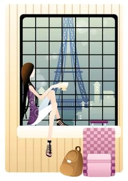 Girl Looking At Eiffel Tower Outside Of The Window Stock Illustration