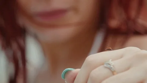 Girl looking at the lady bug on her hand color corrected Stockbeeldmateriaal 79640022