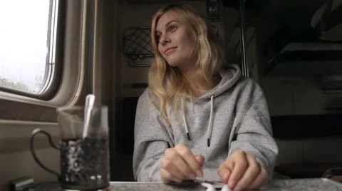 Girl Looking Out of the Window While Sitting in a Train Stock Footage 68567311