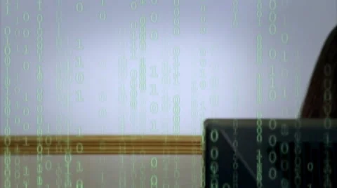 Girl looking at screen with code overlay Stock Footage 58592342