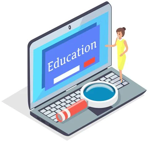 Girl is looking at screen with interface of program for studying via Internet 스톡 일러스트