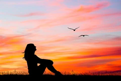 Girl looking the sunset Stock Illustration