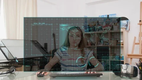 Girl looking at a virtual display screen in front of her eyes Video stock 108161237