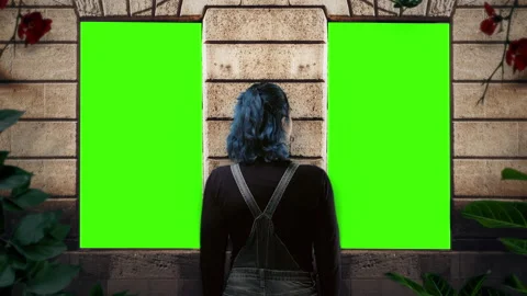 Girl Looking Wall Panel Green Screen Frames Outside Garden Stock Footage 211816521