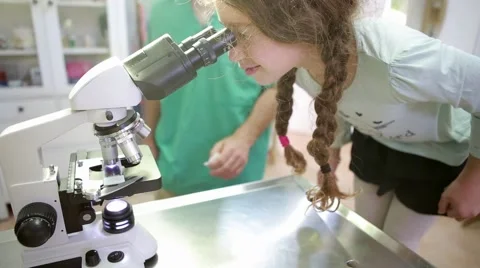 Girl looks into microscope at veterinary Stock-Footage 62828198