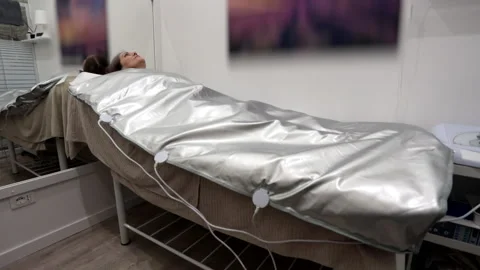 Girl lying on the couch inside a thermal blanket. Stock Footage 227327092