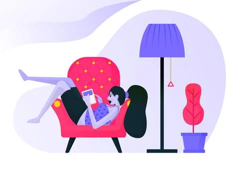 Girl lying on the couch while reading a book under a decorative lamp. woman r Stock Illustration