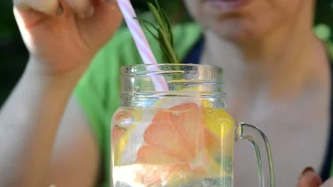 Girl makes and drinks Diet. Healthy Eating Woman Drinking Stock Footage 134065765