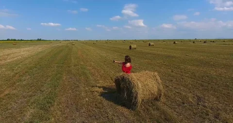 The girl makes selfie at the haystack Stock Footage 92143802