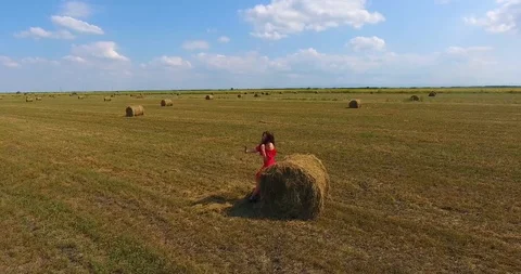 The girl makes selfie at the haystack Stock Footage 92375420
