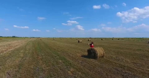 The girl makes selfie at the haystack Stock Footage 92375497