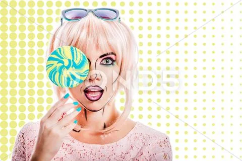 Girl With Makeup In The Style Of Pop Art And Lollipop. Color Background