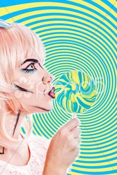 Girl With Makeup In The Style Of Pop Art And Lollipop. Color Background