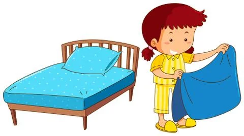 Girl making bed on white background 스톡 일러스트