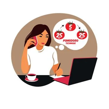 Girl manager working with computer using time management. Pomodoro technique  Stock Illustration