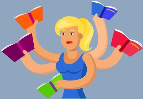 Girl with many hands coping with multitasking. Lady reading literature. Woman 스톡 일러스트