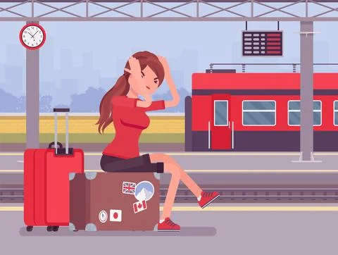 Girl missing the train journey, left in despair at trainstation Stock Illustration