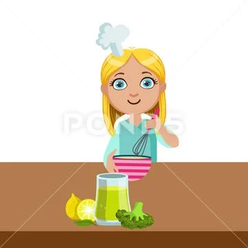 Girl Mixing In Bowl With Whip, Cute Kid In Chief Toque Hat Cooking Food Vector Stock Illustration