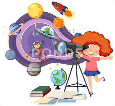 Girl observing planets with telescope: Graphic #222028369