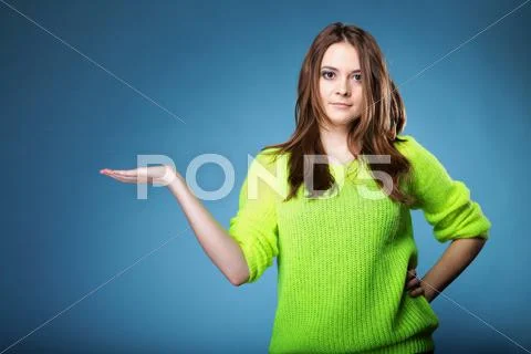 Girl open hand for copy space for product Stock Photos